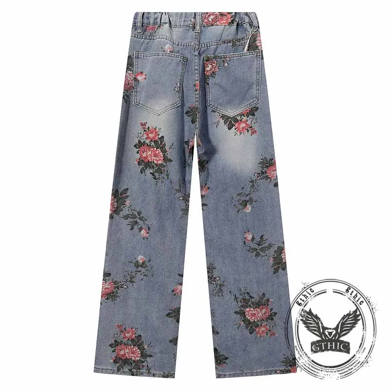 Fashion Y2K Floral Print Ripped Straight Jeans sold by GTHIC product image thumbnail 3