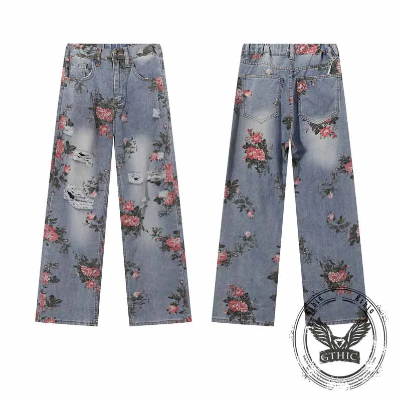 Fashion Y2K Floral Print Ripped Straight Jeans sold by GTHIC product image thumbnail 4