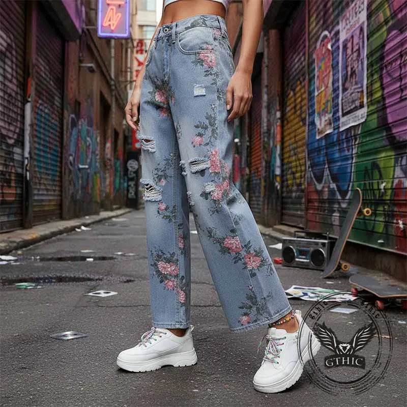 Fashion Y2K Floral Print Ripped Straight Jeans sold by GTHIC