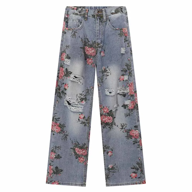 Fashion Y2K Floral Print Ripped Straight Jeans sold by GTHIC product image thumbnail 2