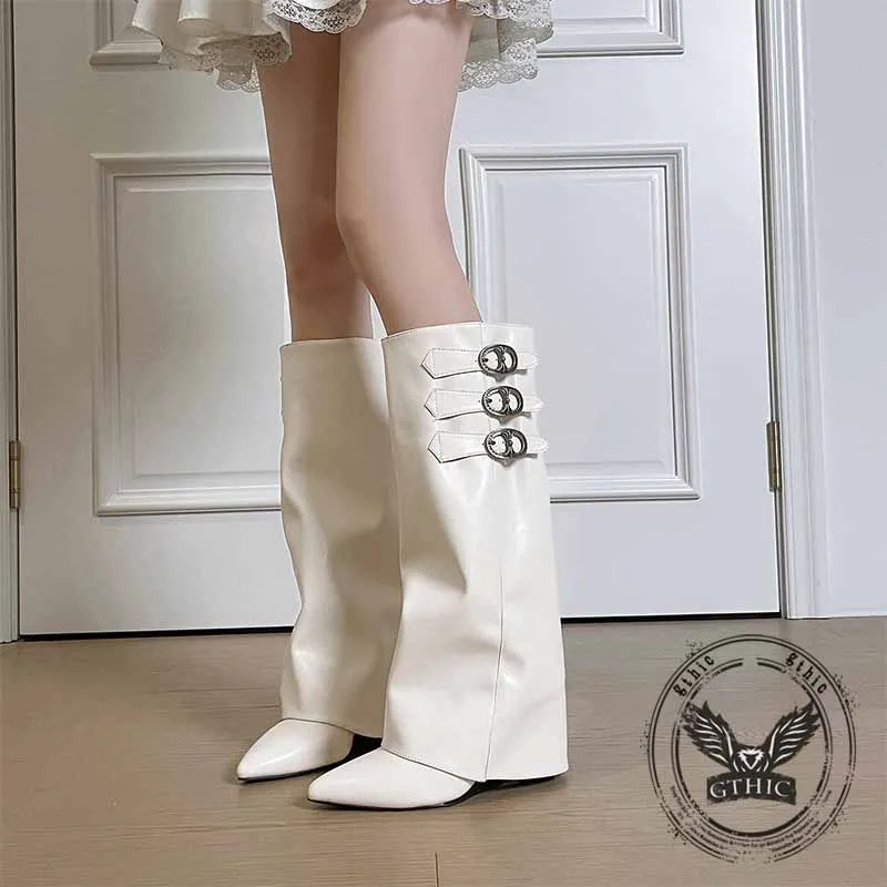 Retro Belt Buckle Design Pointed Toe Long Tube Boots sold by GTHIC
