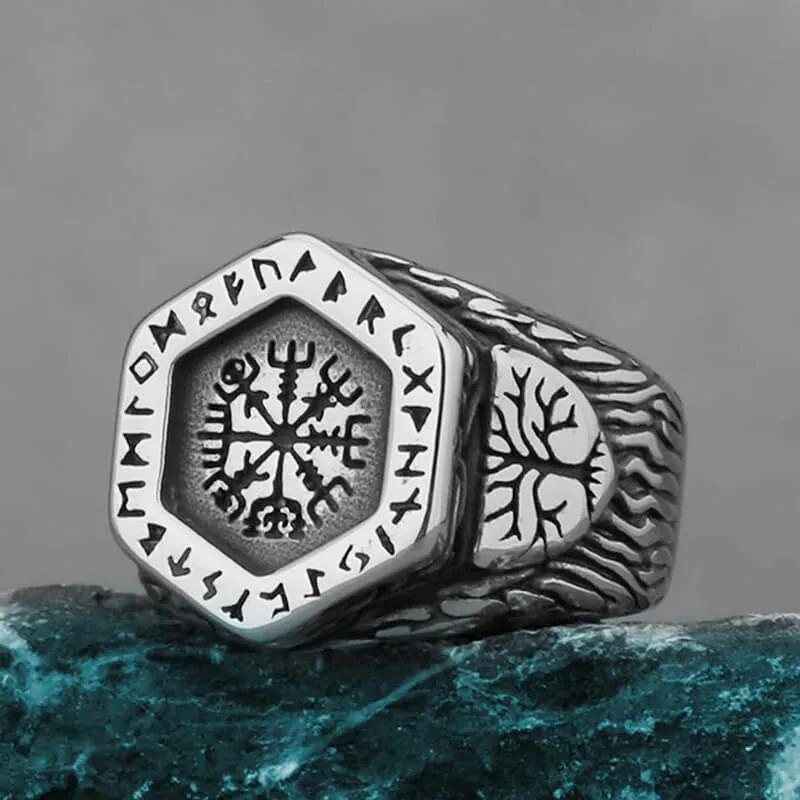 Vintage Tree of Life Vegvisir Rune Stainless Steel Viking Ring sold by GTHIC