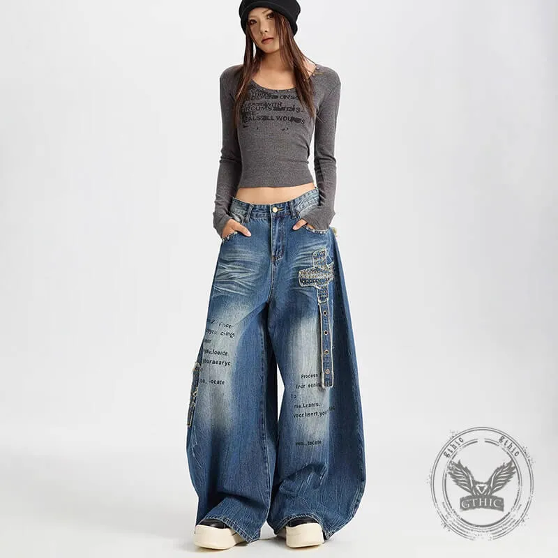 Retro Hip-Hop Rivets Patches Loose Scimitar Jeans sold by GTHIC product image thumbnail 2