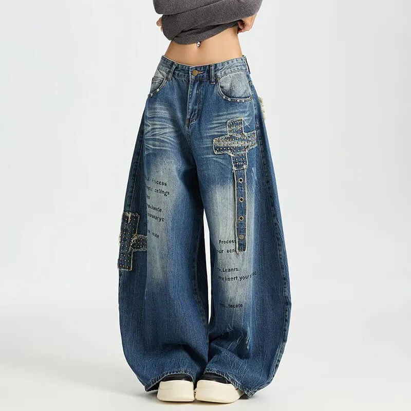 Retro Hip-Hop Rivets Patches Loose Scimitar Jeans sold by GTHIC