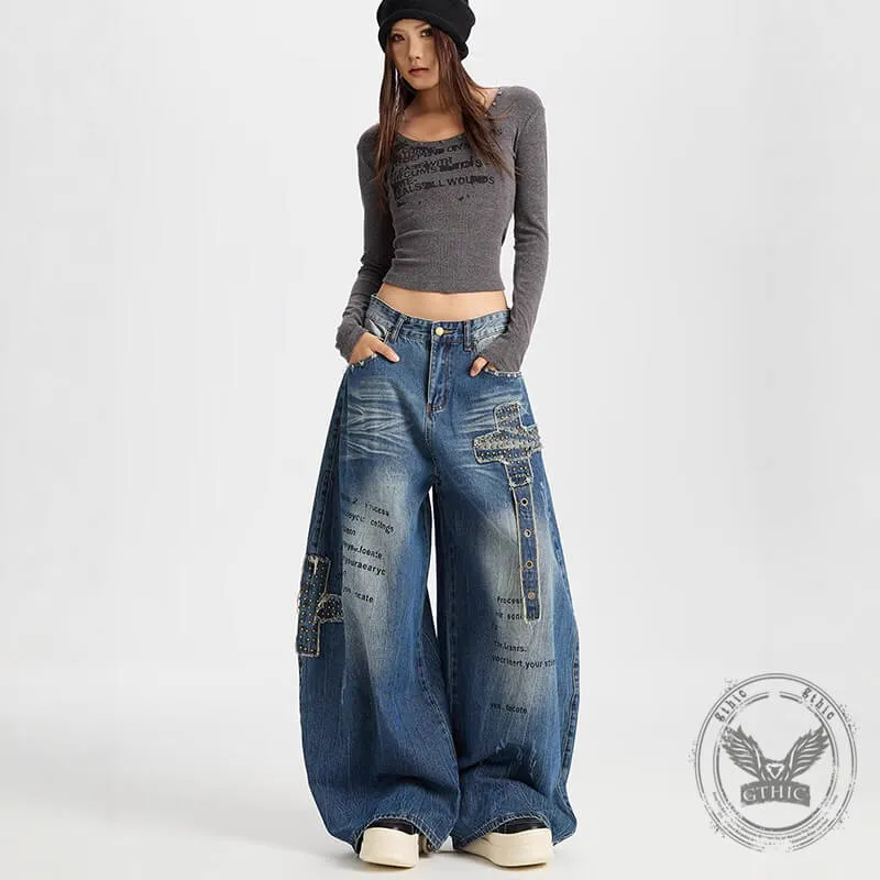 Retro Hip-Hop Rivets Patches Loose Scimitar Jeans sold by GTHIC product image thumbnail 4