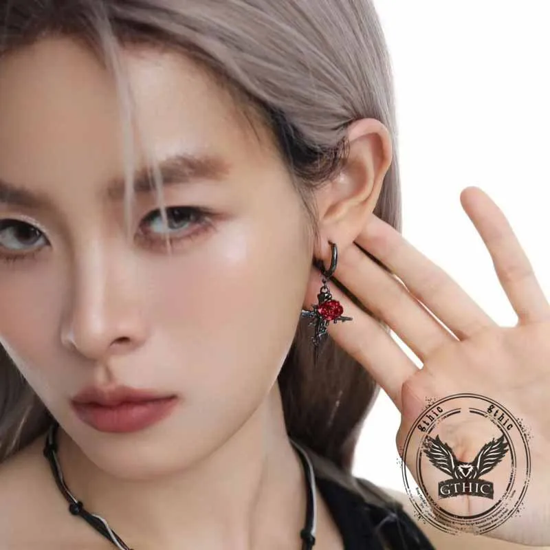 Dark Gothic Thorn Rose Cross Zinc Alloy Earrings sold by GTHIC product image thumbnail 3
