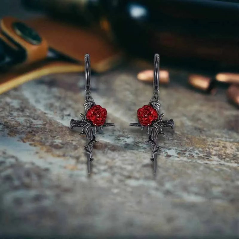 Dark Gothic Thorn Rose Cross Zinc Alloy Earrings sold by GTHIC product image thumbnail 4