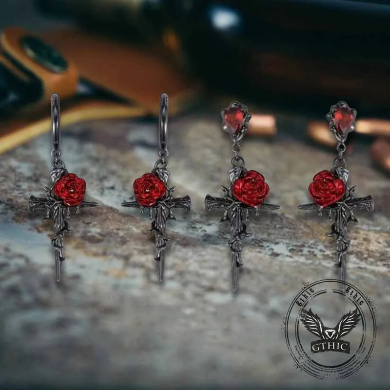 Dark Gothic Thorn Rose Cross Zinc Alloy Earrings sold by GTHIC