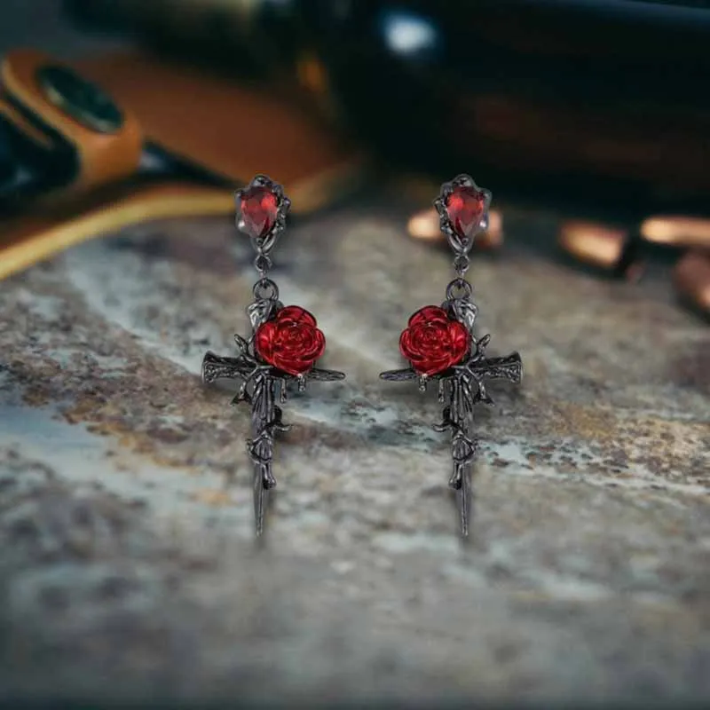 Dark Gothic Thorn Rose Cross Zinc Alloy Earrings sold by GTHIC product image thumbnail 5