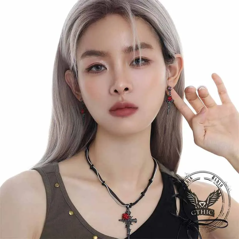 Dark Gothic Thorn Rose Cross Zinc Alloy Earrings sold by GTHIC product image thumbnail 2