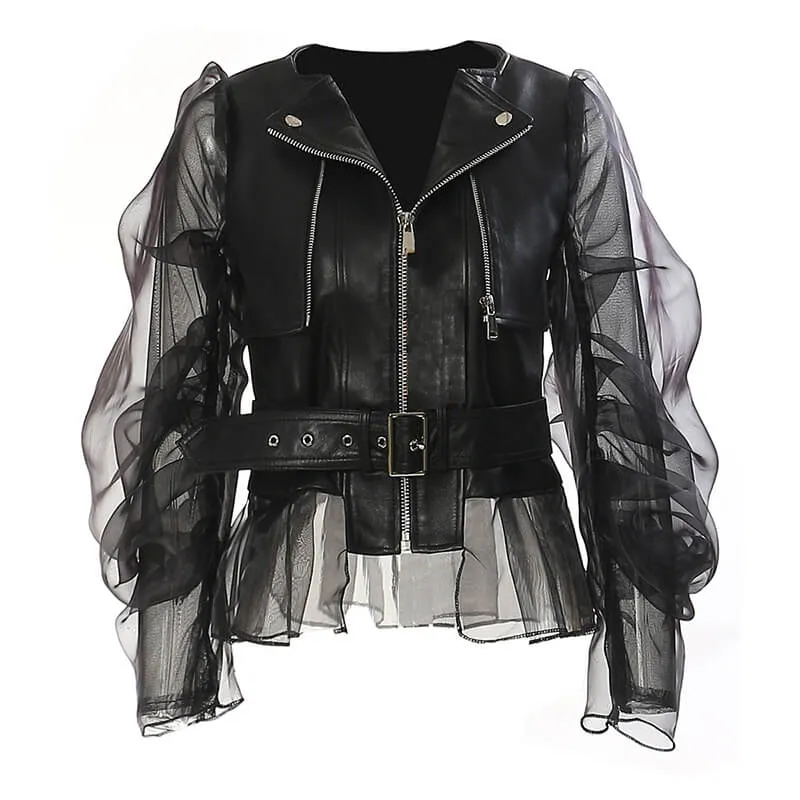 Punk Patchwork Sheer Mesh PU Leather Biker Jacket sold by GTHIC