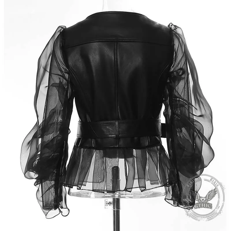 Punk Patchwork Sheer Mesh PU Leather Biker Jacket sold by GTHIC product image thumbnail 3