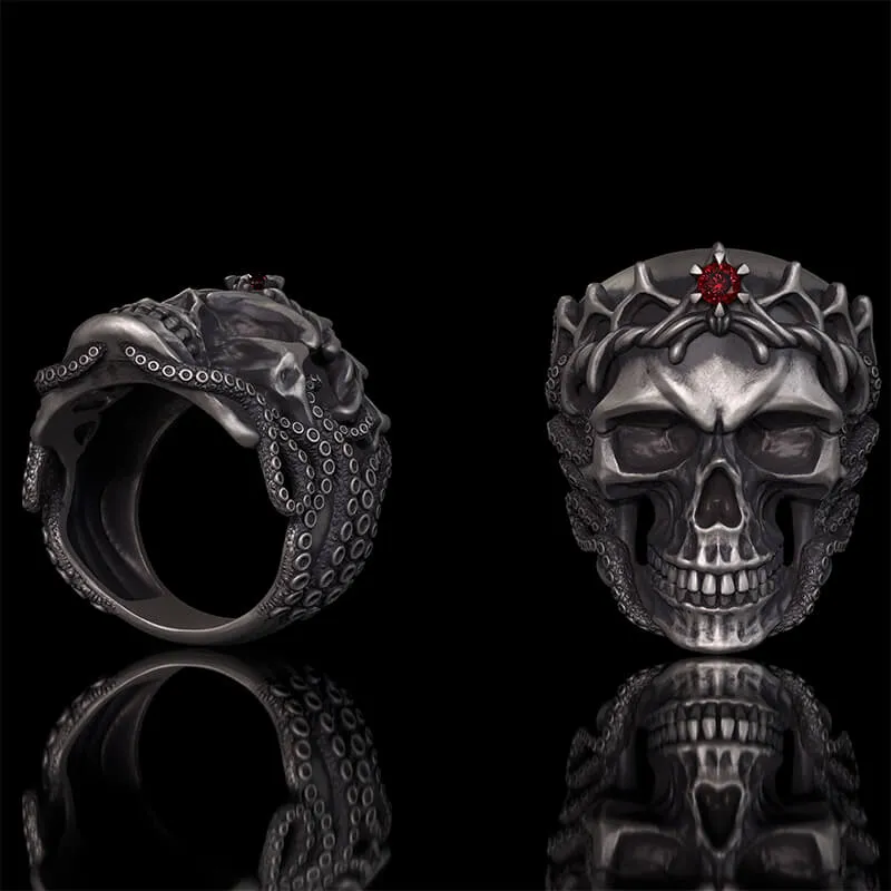Gothic Octopus Gem Crown Skull Sterling Silver Ring sold by GTHIC