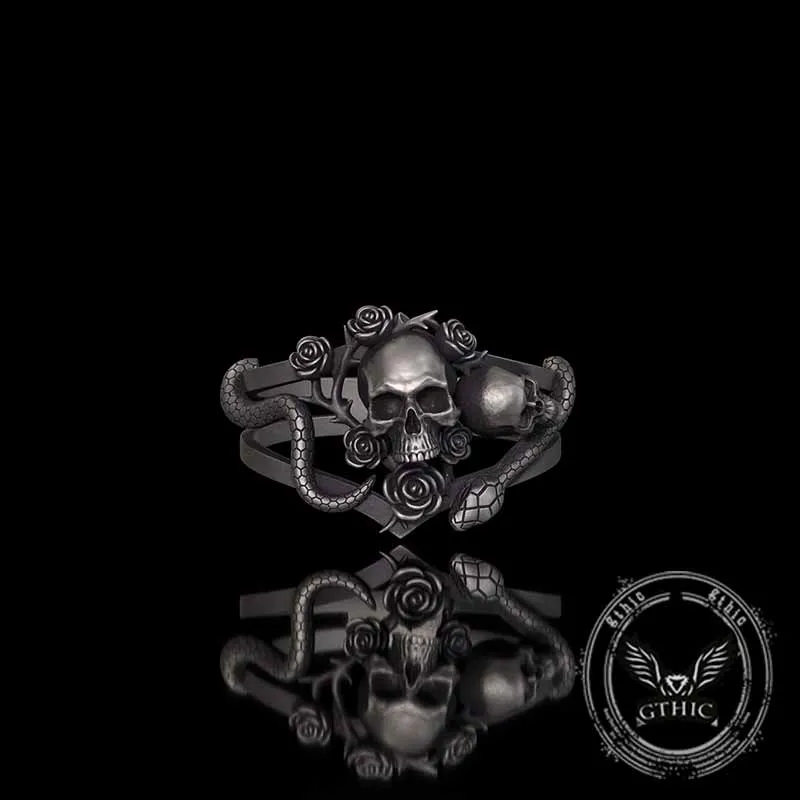 Gothic Rose Skull Snake Entwined Sterling Silver Ring sold by GTHIC product image thumbnail 3
