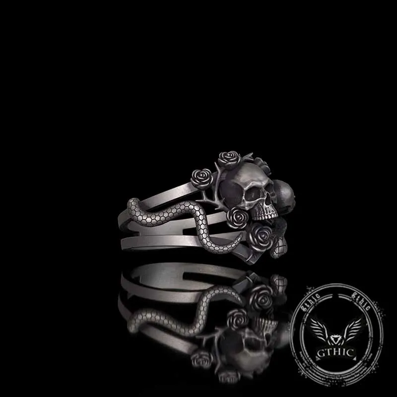 Gothic Rose Skull Snake Entwined Sterling Silver Ring sold by GTHIC product image thumbnail 4