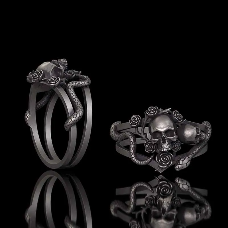 Gothic Rose Skull Snake Entwined Sterling Silver Ring sold by GTHIC