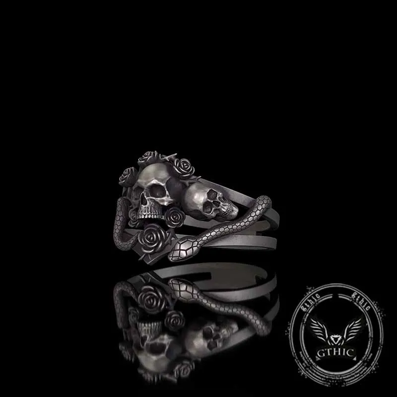 Gothic Rose Skull Snake Entwined Sterling Silver Ring sold by GTHIC product image thumbnail 2