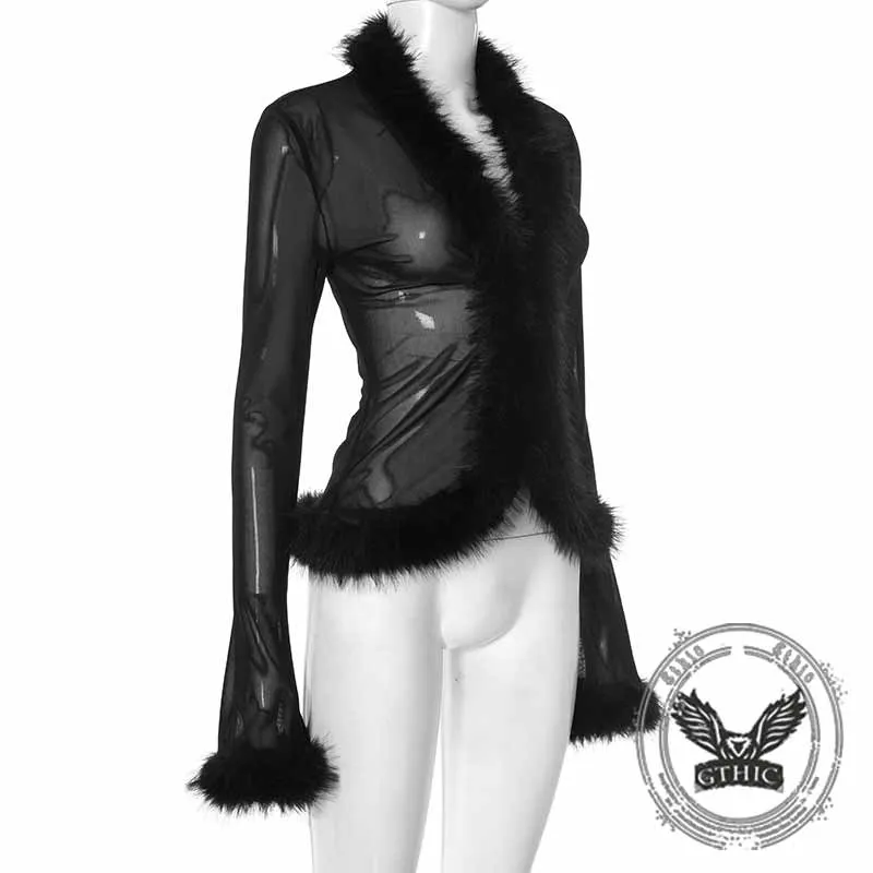 Solid Color V-Neck Mesh Plush Edge Long Sleeve Top sold by GTHIC product image thumbnail 4