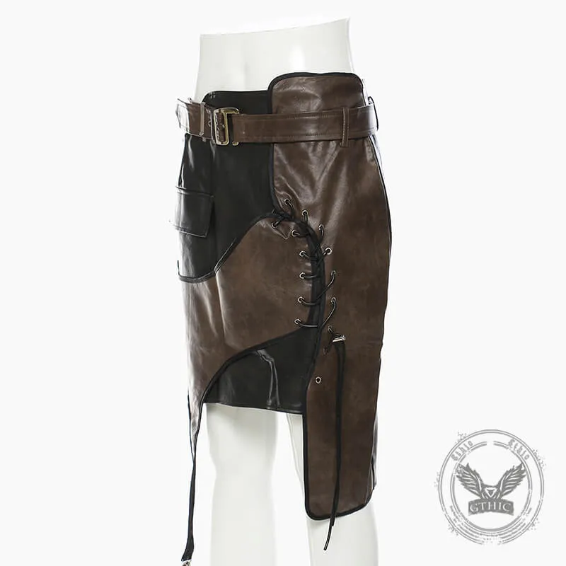 Asymmetrical Patchwork Faux Two-Piece Leather Skirt sold by GTHIC product image thumbnail 3
