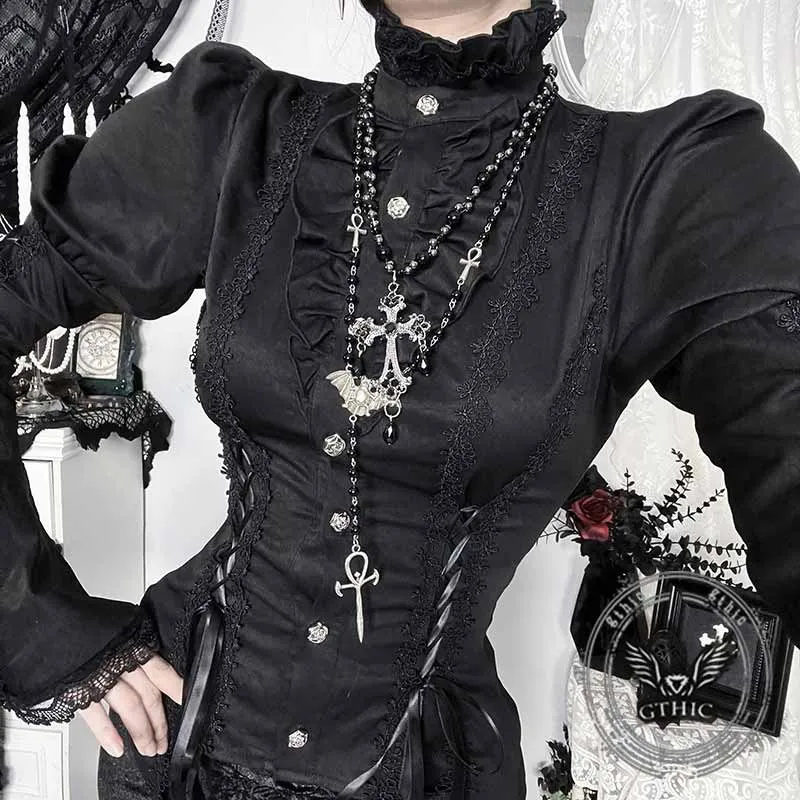 Gothic Bell Sleeve Slim Fit Versatile Lace-Up Shirt sold by GTHIC