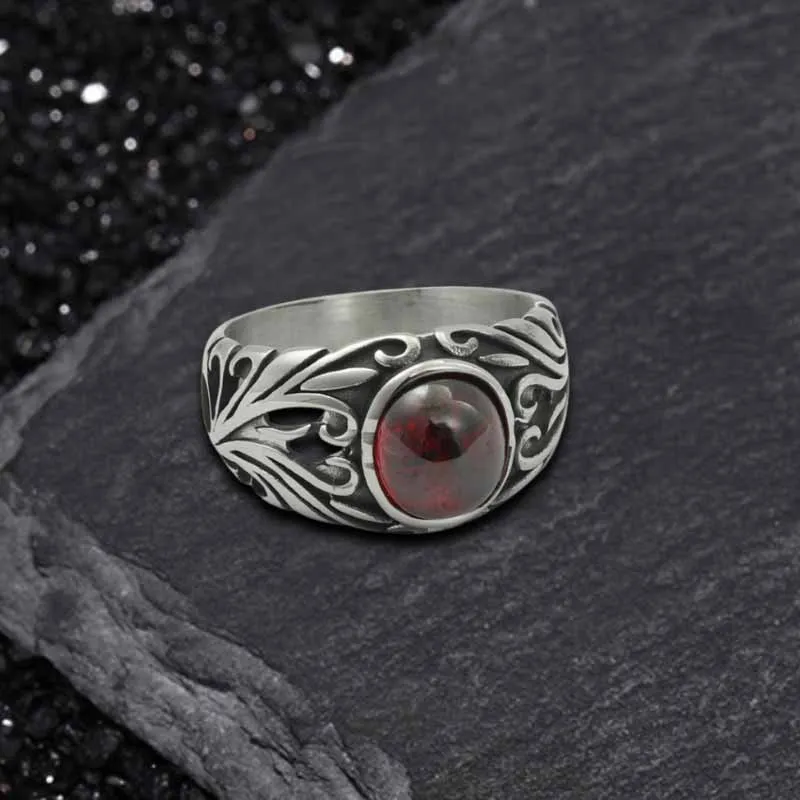 Vintage Floral Pattern Red Gem Stainless Steel Ring sold by GTHIC