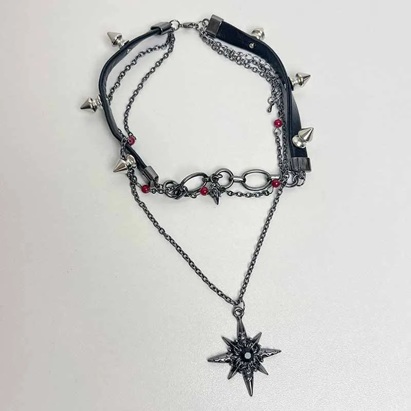 Y2K Studs Star Leather Multi-layered Choker Necklace sold by GTHIC product image thumbnail 4