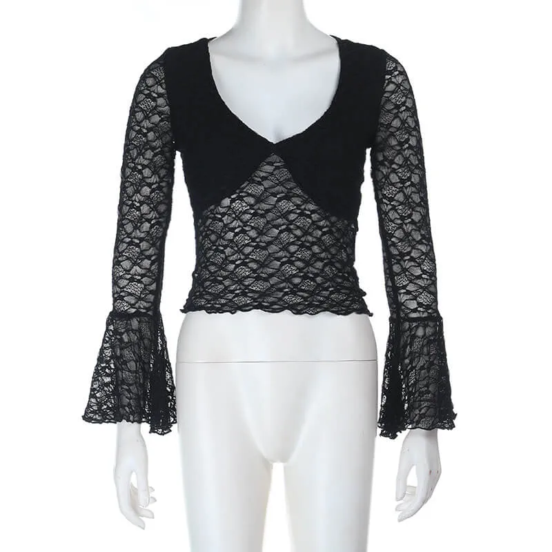 Sexy Black See-Through Lace Bell-Sleeved Top sold by GTHIC product image thumbnail 2