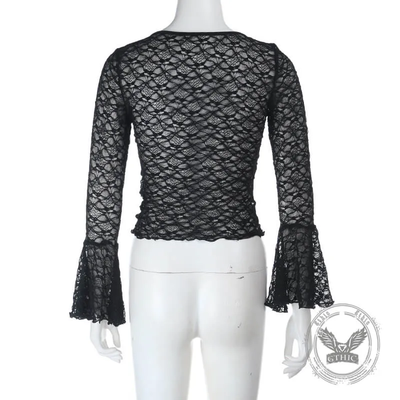 Sexy Black See-Through Lace Bell-Sleeved Top sold by GTHIC product image thumbnail 4