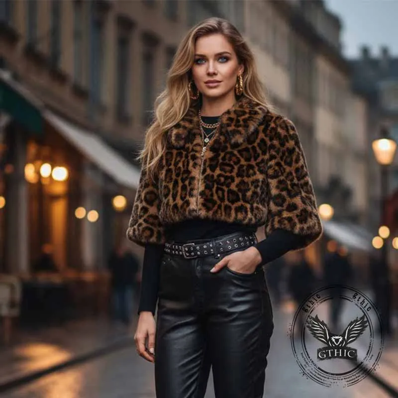 Fashion Leopard Print Lapel Plush Zip Short Top sold by GTHIC