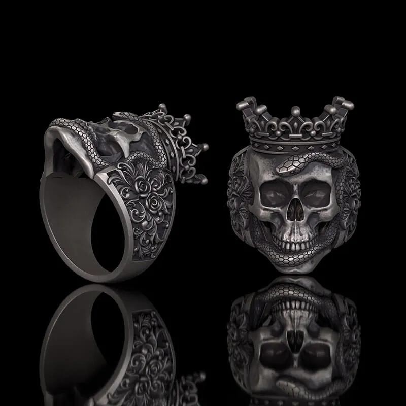 Gothic Snake Entwined Crown Skull Sterling Silver Ring sold by GTHIC