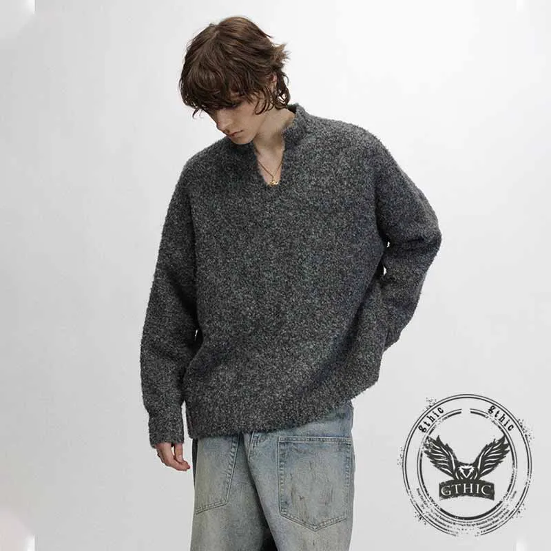 Simple Solid Color V-Neck Loose American Knit Sweater sold by GTHIC