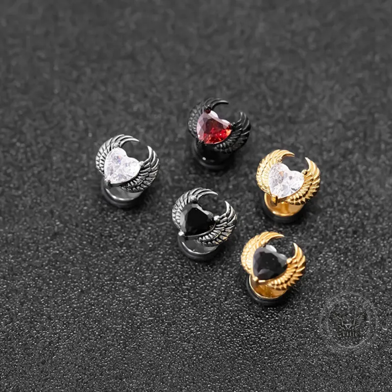 Punk Zircon Heart Wing Stainless Steel Stud Earrings sold by GTHIC