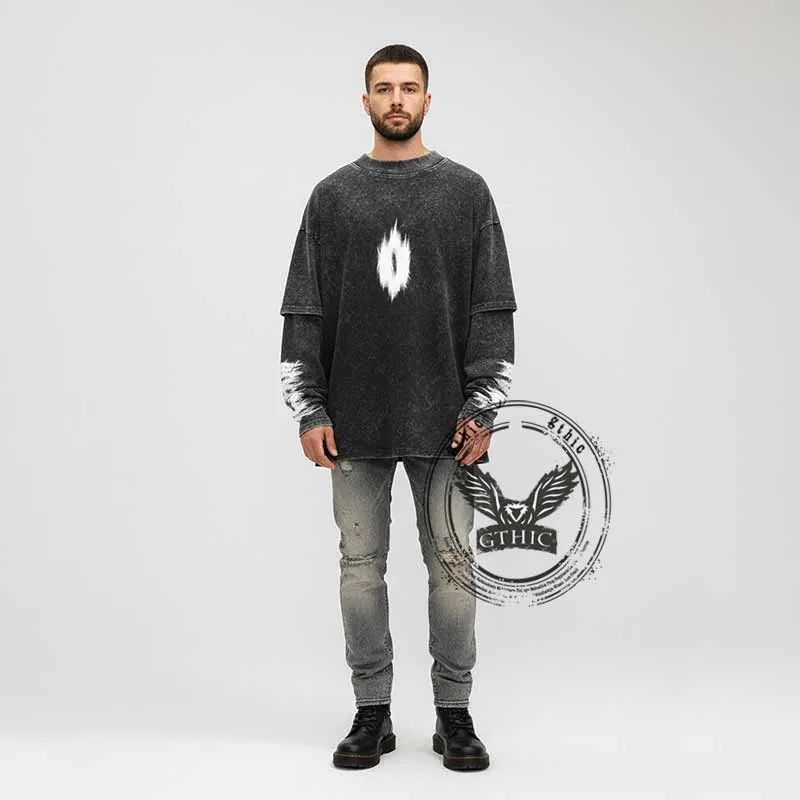 American Retro Fake Two Piece Washed Printed Sweatshirt sold by GTHIC