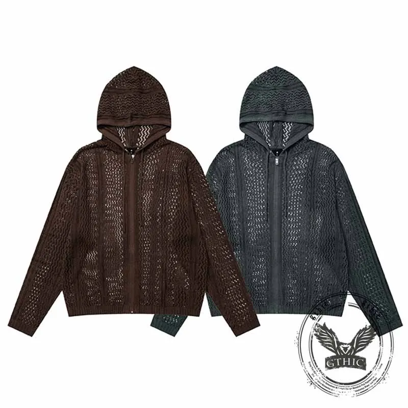 Versatile Openwork Loose Hooded Zip Cardigan Sweater sold by GTHIC