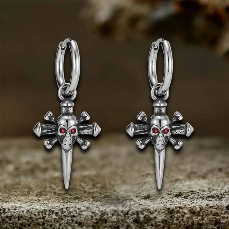 Punk Skull Nail Cross Stainless Steel Gem Earrings sold by GTHIC