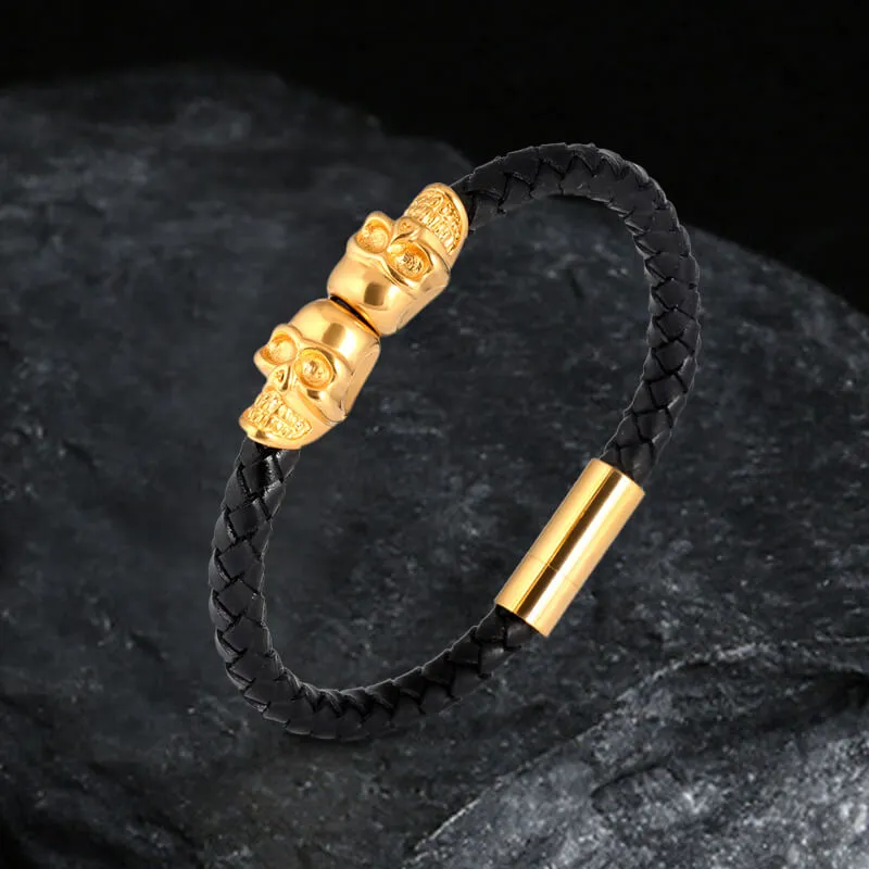 Double Skull Braided Stainless Steel Magnetic Buckle Leather Bracelet sold by GTHIC product image thumbnail 5