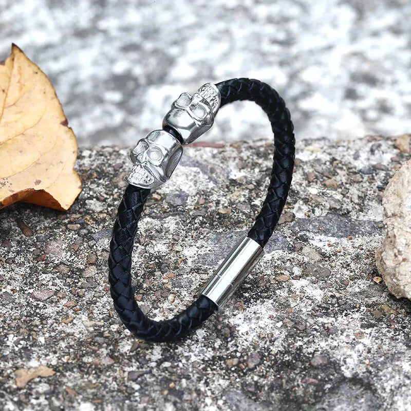 Double Skull Braided Stainless Steel Magnetic Buckle Leather Bracelet sold by GTHIC product image thumbnail 3