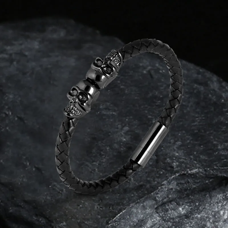 Double Skull Braided Stainless Steel Magnetic Buckle Leather Bracelet sold by GTHIC product image thumbnail 4