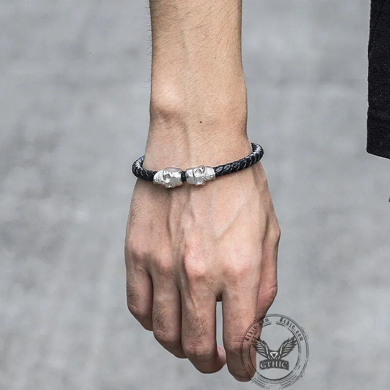 Double Skull Braided Stainless Steel Magnetic Buckle Leather Bracelet sold by GTHIC product image thumbnail 2