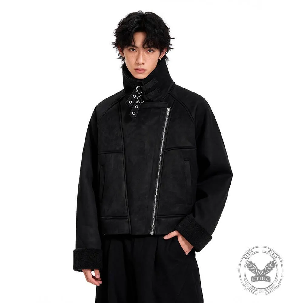 Retro Stand Collar Diagonal Zipper Suede Motorcycle Jacket sold by GTHIC