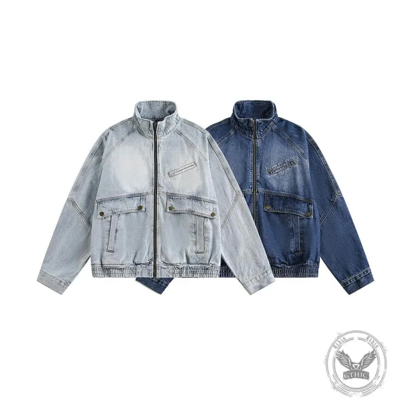 American Retro Distressed Stand-Up Collar Denim Jacket made by GTHIC