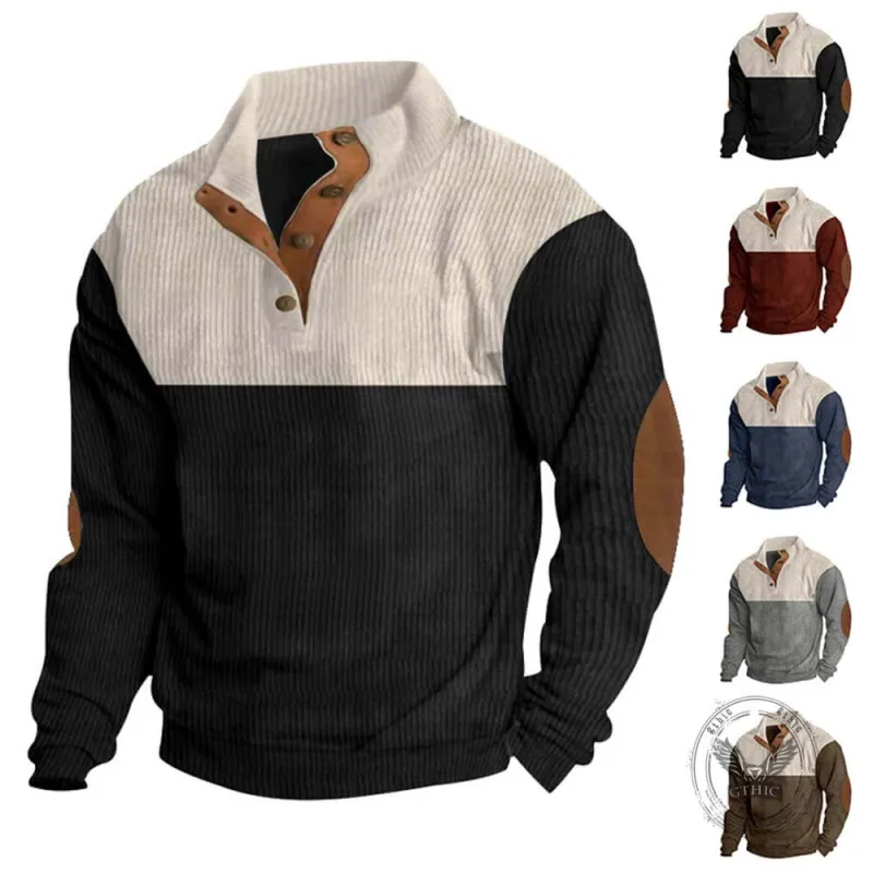 Casual Color-Blocked Stand Collar Corduroy Sweatshirt made by GTHIC
