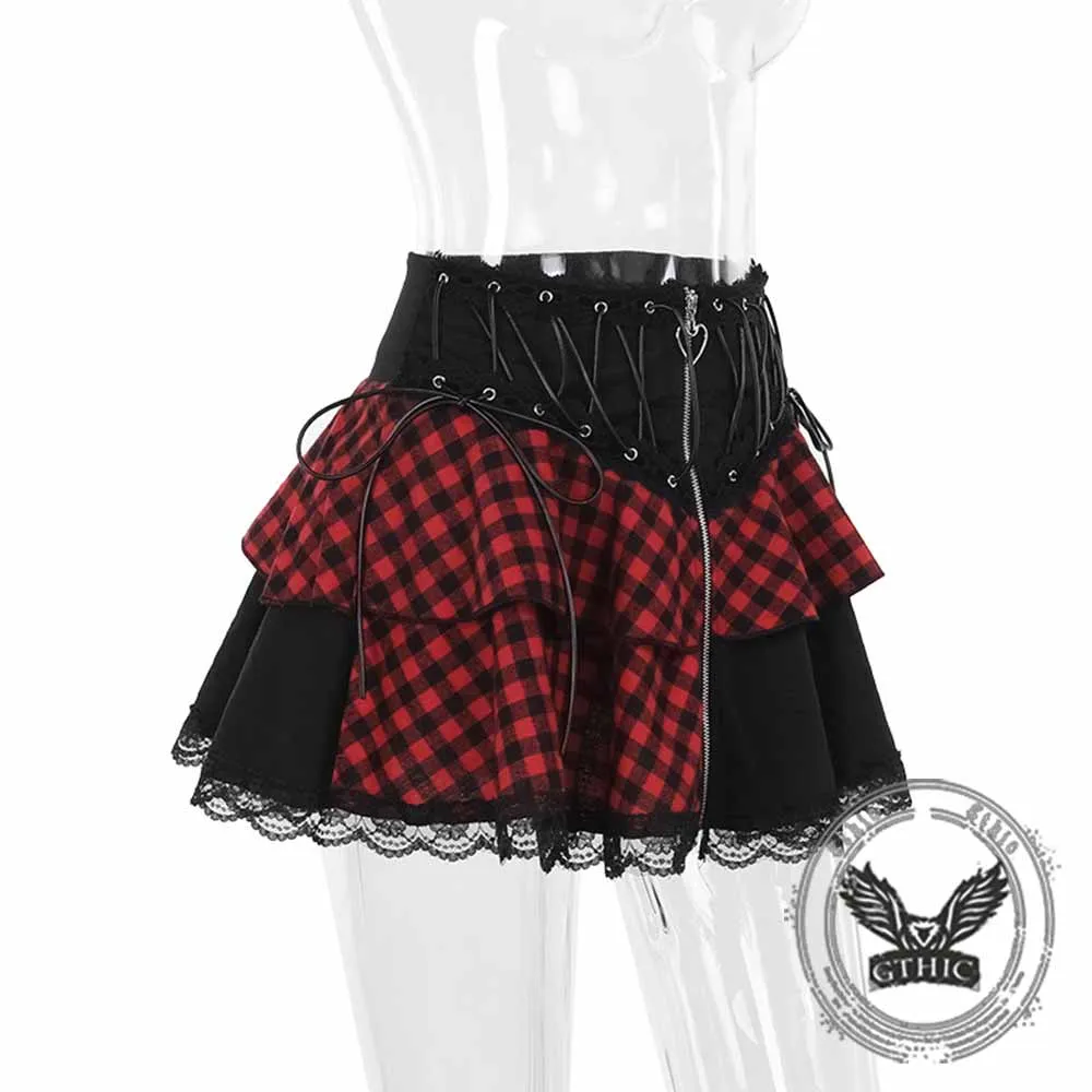 Fashion Plaid Patchwork Lace Trim Zipper Skirt sold by GTHIC product image thumbnail 4