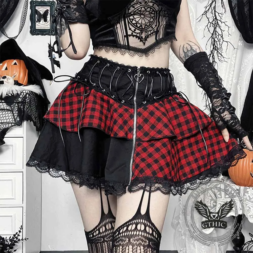Fashion Plaid Patchwork Lace Trim Zipper Skirt sold by GTHIC