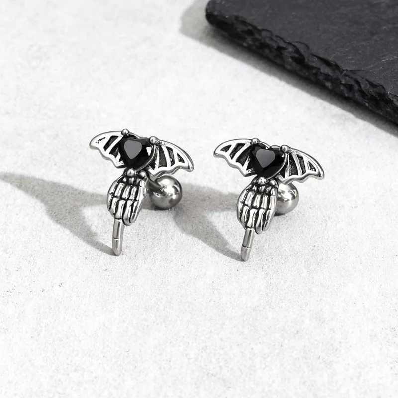 Punk Claw Black Zircon Wing Stainless Steel Screw Earrings sold by GTHIC