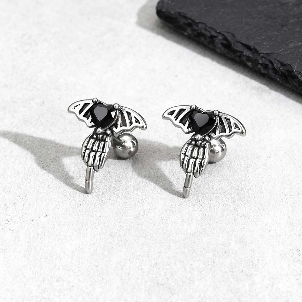 Punk Claw Black Zircon Wing Stainless Steel Screw Earrings sold by GTHIC