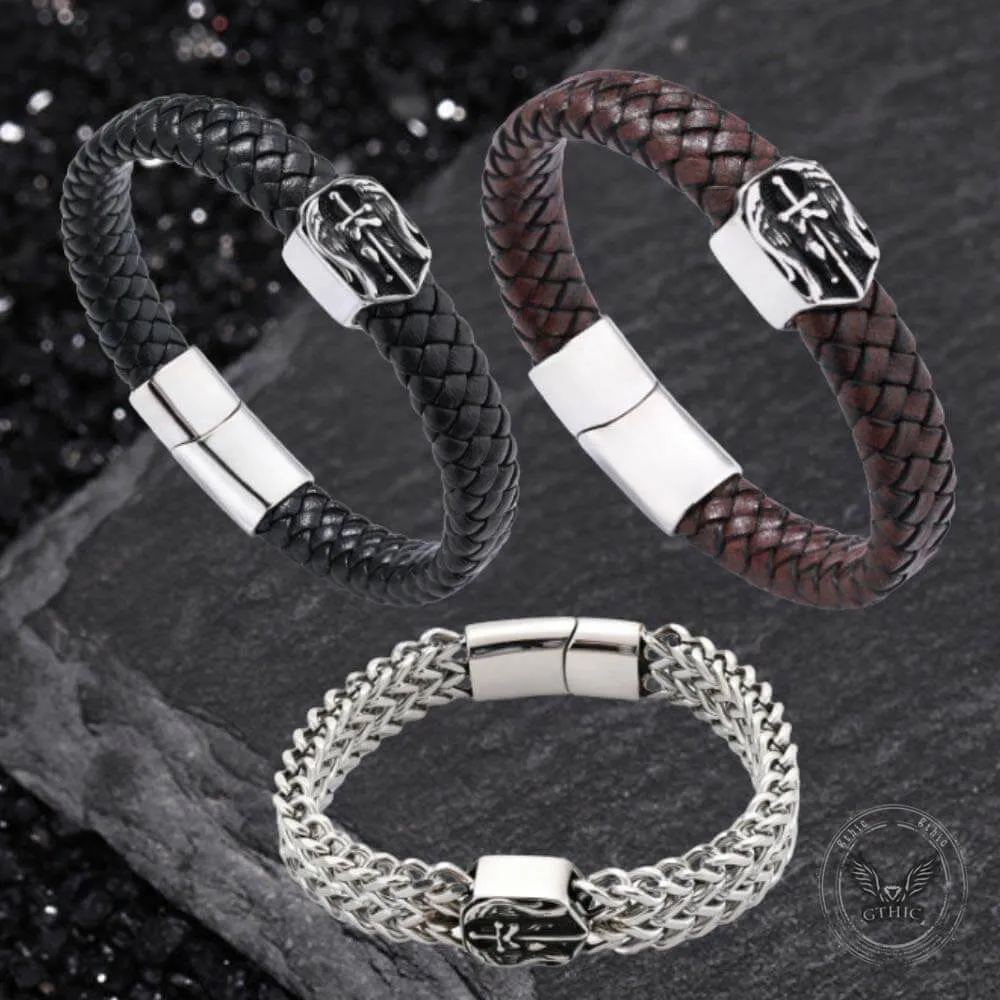 Punk St. Michael Archangel Woven Leather Stainless Steel Bracelet sold by GTHIC product image thumbnail 3