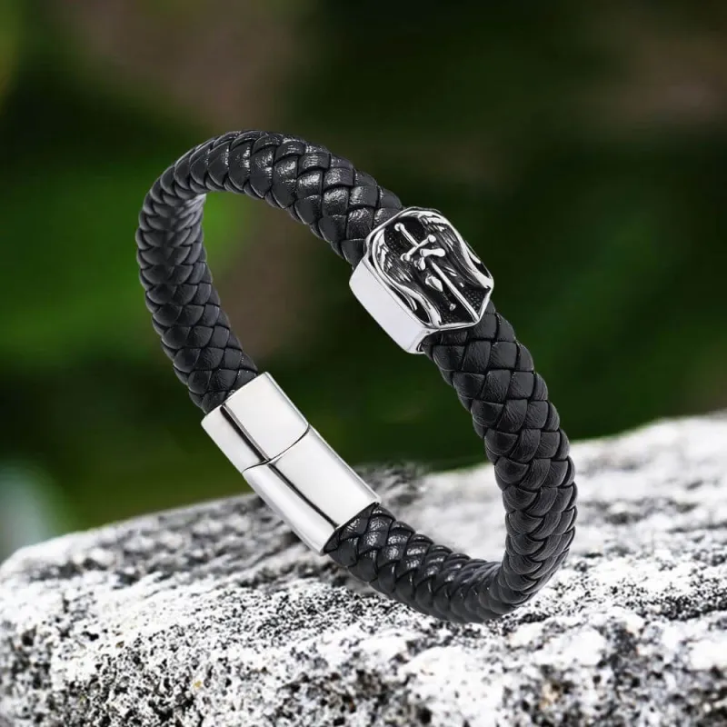 Punk St. Michael Archangel Woven Leather Stainless Steel Bracelet sold by GTHIC