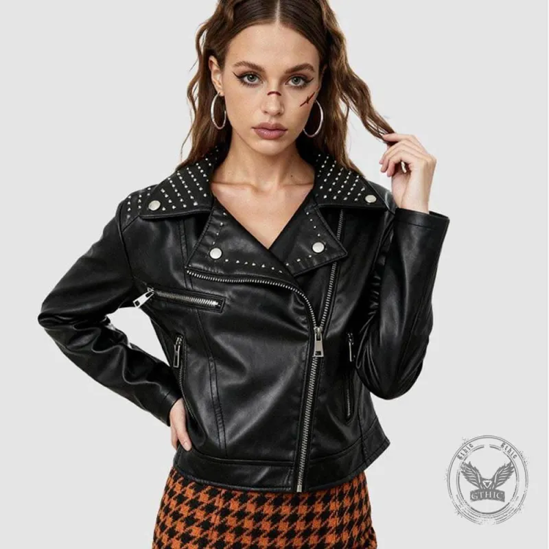 Punk Short Studded Slanted Zipper Slim Fit PU Leather Jacket sold by GTHIC