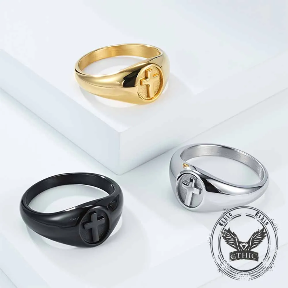 Simple Round Cross Pattern Stainless Steel Ring sold by GTHIC